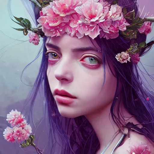 Image similar to billie eilish expressive full body photo, of beautiful angel, smooth glowing skin, ornate headpiece made from pink flowers, glamour shot, by yoshitaka amano, by greg rutkowski, by jeremyg lipkinng, by artgerm, digital art, octane render