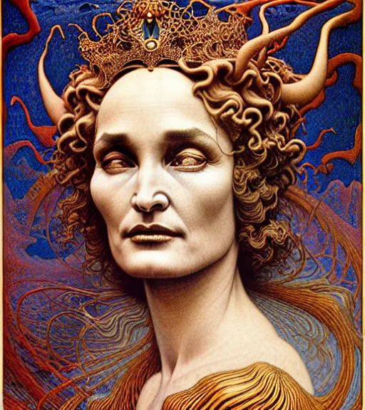 Prompt: detailed realistic beautiful young jessica lange as queen of mars face portrait by jean delville, gustave dore and marco mazzoni, art nouveau, symbolist, visionary, gothic, pre - raphaelite. horizontal symmetry by zdzisław beksinski, iris van herpen, raymond swanland and alphonse mucha. highly detailed, hyper - real, beautiful