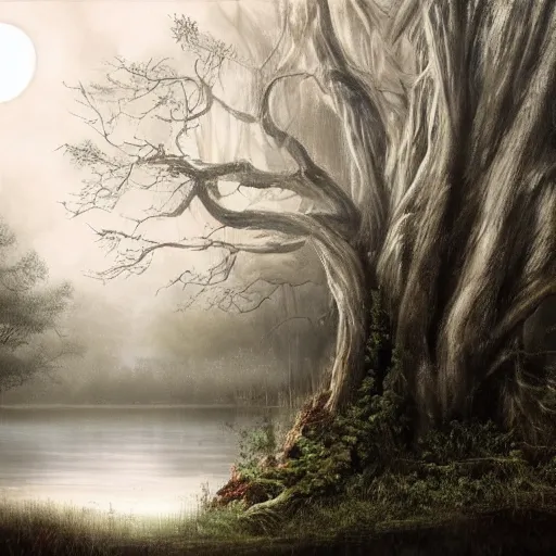 Image similar to highly realistic scenic painting of a towering misty dark fantasy forest surrounding a pond, a girl in a white dress sits on the roots of an ancient tree looking up at the moon, spooky fog, fantasy painting hd