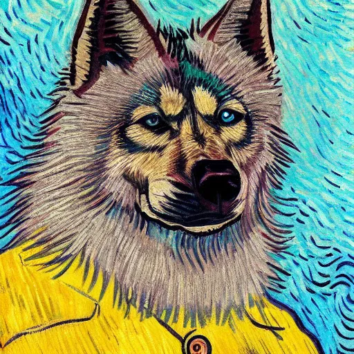 Image similar to retarded wolf portrait, van gogh