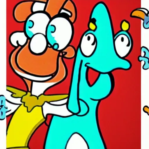 Image similar to handsome squidward, cow and chicken style