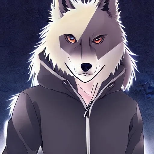 Image similar to key anime visual portrait of an anthropomorphic anthro wolf fursona, in a jacket, with handsome eyes, official modern anime art