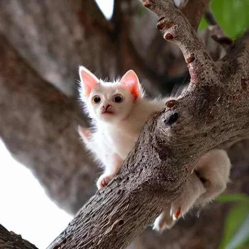 Image similar to a bat kitten, in a tree, 200m f8
