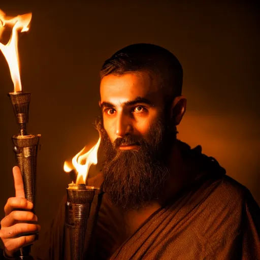 Image similar to award winning cinematic still portrait of intense 27 year old Mediterranean skinned man in Ancient Canaanite clothing, holding a flaming torch, beard, short hair, Nighttime. Army holding torches in the background, action, violence, Biblical epic directed by Steven Spielberg