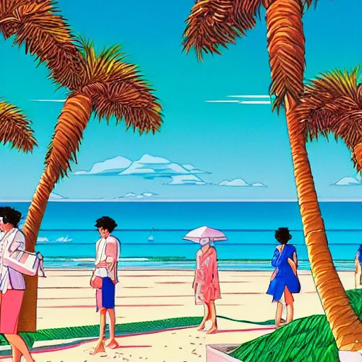 Prompt: a beautiful painting of a sunny day at a large beach filled with hundreds of palm trees by hiroshi nagai and hirohiko araki, detailed line art, vaporwave color scheme