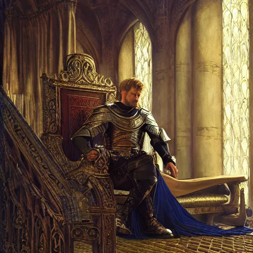 Image similar to attractive king arthur pendragon, sat in his throne, big arches in the back, natural lighting, path traced, high quality, very detailed digital painting, by gaston bussiere, craig miller, j. c. leyendecker