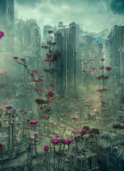 Image similar to A dystopian future in a city made up of the most incredible flowers ever seen, evil, demonic, angelic, flowers, nature, city, environment concept, cinematic, Rendered in Octane, trending on artstation, cgsociety, moody lighting rendered by octane engine, environment 8K artstation, cinematic lighting, intricate details, 8k detail post processing, hyperealistic, octane render, photo realism, visually inspired by Blade Runner 2049