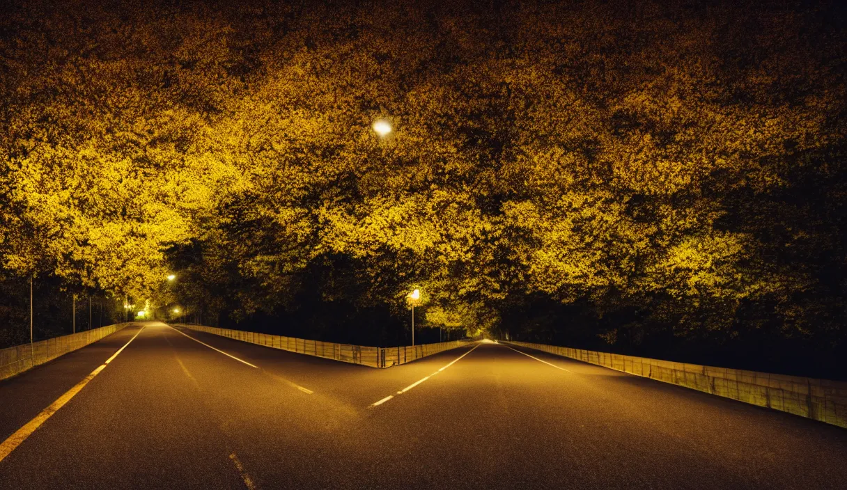 Image similar to at night, a large road extends into the distance, the leaves on both sides of the road are yellowed by the street lights, tranquility, film texture, super fine, 8 k