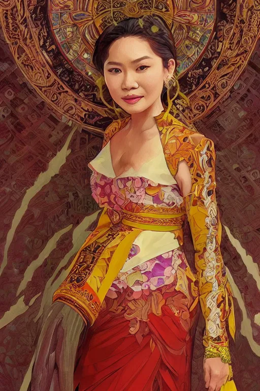 Image similar to portrait of an indonesian celebrity wearing tradistional dress, highly detailed, digital painting, artstation, concept art, sharp focus, illustration, art by kittichai rueangchaichan and james gurney and alphonse mucha