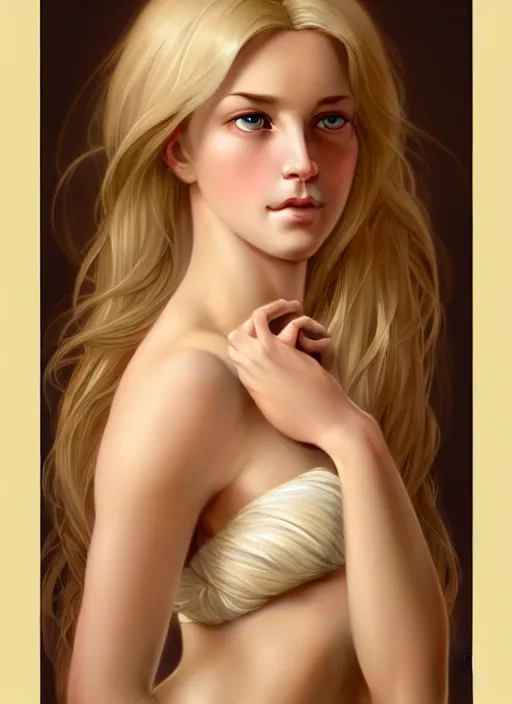 Prompt: face of feminine perfection!! concept art portrait of young wife blessed by god with ever - increasing physical mental perfection, blonde, symmetrical! intricate, sensual features, highly detailed, biblical!! holy perfection!! digital painting, artstation, smooth, sharp focus, illustration, art by artgerm and greg rutkowski and alphonse mucha