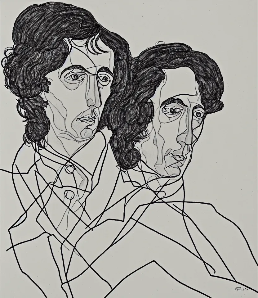 Prompt: elegant line art portrait of frederic chopin. inspired by egon schiele. contour lines, musicality, twirls and curves, strong personality