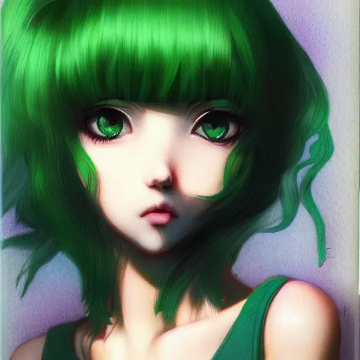 Prompt: beautiful young girl, curly green hair, polaroid, Ilya Kuvshinov, Range Murata