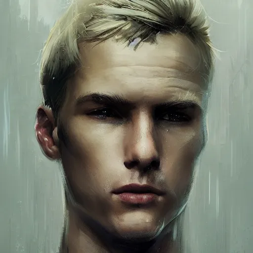 Image similar to Portrait of a man by Greg Rutkowski, he is about 20 years old, norwegian, short blond hair, young, manly, attractive, strong, older brother vibes, he is wearing futuristic military fatigues, highly detailed portrait, scifi, digital painting, artstation, concept art, smooth, sharp foccus ilustration, Artstation HQ