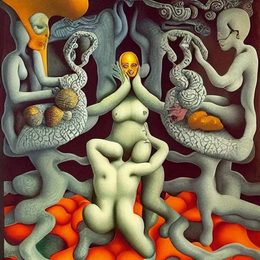 Image similar to the three fates, pain, pleasure, suffering, adventure, love, life, afterlife, abstract oil painting, gouche on paper by MC Escher and Salvador Dali and raqib shaw,-W 1024