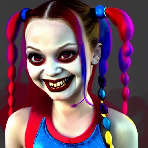 Image similar to baby harley quinn caricature with pigtail in hair like pebbles flintstones playing with a magic wand, full body, big head, large smile, pixar style, 4 k trending on artstation