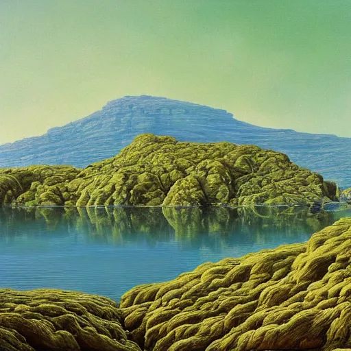 Image similar to painting of a lush natural scene on an alien planet by glenn brown. beautiful landscape. weird vegetation. cliffs and water.