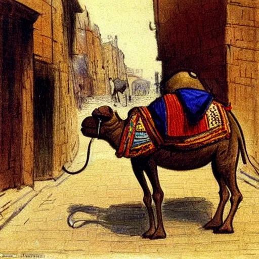 Image similar to An expressionistic painting of a mouse Riding a camel through a narrow street in london, (1885)