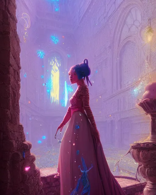 Image similar to highly detailed surreal vfx portrait of a female candypunk mage in a majestic castle by golden tree, stephen bliss, unreal engine, greg rutkowski, loish, rhads, beeple, makoto shinkai and lois van baarle, ilya kuvshinov, rossdraws, tom bagshaw, alphonse mucha, global illumination, detailed and intricate environment