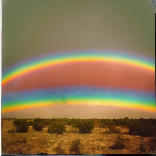 Image similar to polaroid photo of colorful rainbow over the nuclear explosion