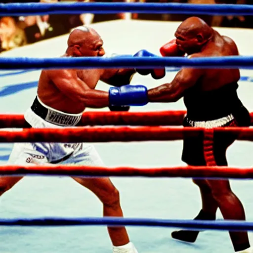 Prompt: a skeleton fighting mike tyson in a boxing match