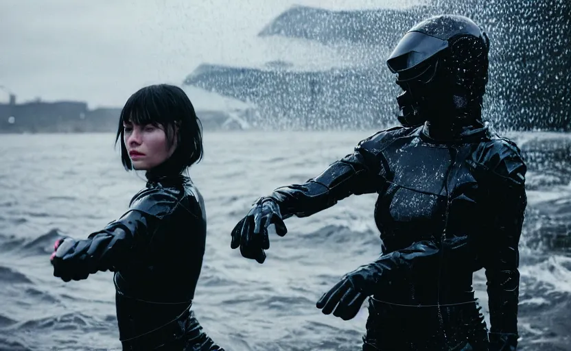 Image similar to cinestill 5 0 d candid action photographic portrait by quentin tarantino of two loving female androids wearing rugged black mesh techwear in treacherous waters, extreme closeup, modern cyberpunk retrofuturism moody emotional cinematic, pouring iridescent rain, 8 k, hd, high resolution, 3 5 mm, f / 3 2, motion blur, ultra realistic faces, ex machina, tesla