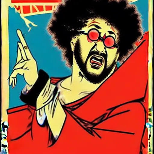 Image similar to how will we capture famous actor Redfoo? he is is causing trouble in this region. How do we stop him? NO RedfooS ALLOWED. Redfoo is the subject of this ukiyo-e hellfire eternal damnation catholic strict propaganda poster rules religious. WE RULE WITH AN IRON FIST. mussolini. Dictatorship. Fear. 1940s propaganda poster. 1950s propaganda poster. 1960s propaganda poster. WAR WAR WAR, ANTI Redfoo. 🚫 🚫 Redfoo. POPE. art by joe mugnaini. art by dmitry moor. Art by Alfred Leete.