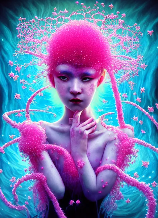 Prompt: hyper detailed 3d render like a Oil painting - kawaii Aurora (Singer) seen Eating of the Strangling network of yellowcake aerochrome and milky Fruit and Her delicate Hands hold of gossamer polyp blossoms bring iridescent fungal flowers whose spores black the foolish stars by Jacek Yerka, Mariusz Lewandowski, Houdini algorithmic generative render, Abstract brush strokes, Masterpiece, Edward Hopper and James Gilleard, Zdzislaw Beksinski, Mark Ryden, Wolfgang Lettl, hints of Yayoi Kasuma, octane render, 8k