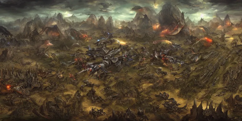 Image similar to Starcraft gameplay in style of Hieronymus Bosch paintings, painting, gameplay, high detailed, dark fantasy, dark tones, buildings, armored units, red flags, cavalry,RPG, high detailed, contrast, octane render,mill, farm, creative