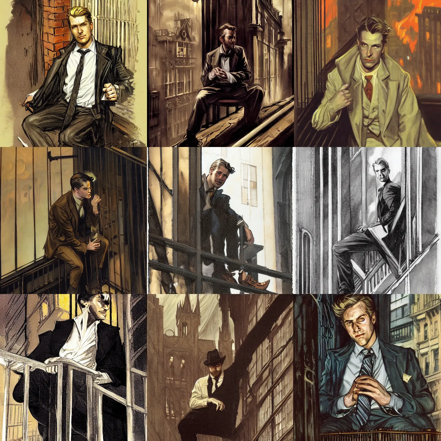 Prompt: character portrait of john constantine sitting down on a fire escape in gothic london, gothic, john singer sargent, muted colors, moody colors, illustration, digital illustration, amazing values, art by j. c. leyendecker, joseph christian leyendecker,