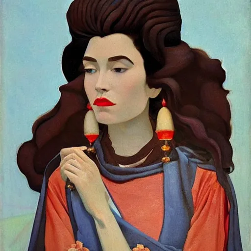 Prompt: a oil painting of a fair skin with dark curly stylised hair queen wearing dress, by nicholas roerich, by georgia o keeffe by frederick william elwell, by otomo highly detailed, realistic, outline, line work concept art, jewels, oriental, desaturated, animation