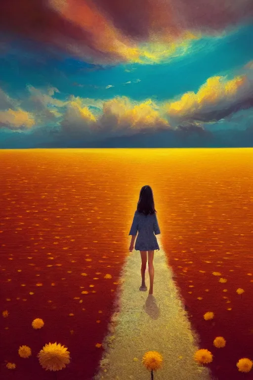 Image similar to giant daisy flower head, girl walking on salt flats mountains, surreal photography, sunrise, dramatic light, impressionist painting, colorful clouds, digital painting, artstation, simon stalenhag