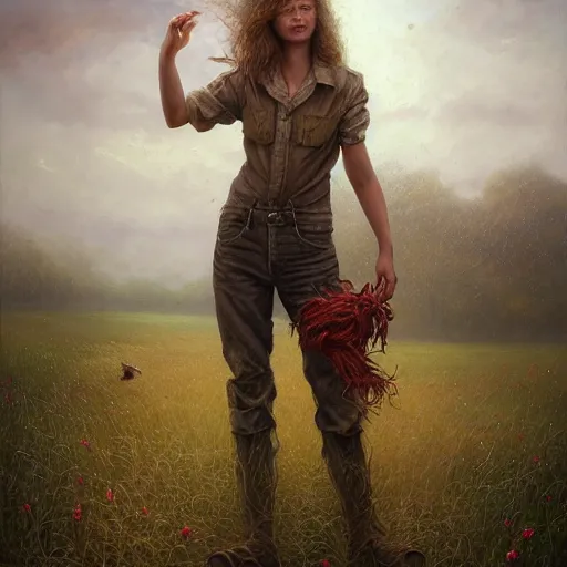 Image similar to full body portrait of a female farmer, untidy hair, highly detailed, dirty face, next to a red barn, digital painting, artstation, concept art, soft focus, depth of field, artgerm, tomasz alen kopera, peter mohrbacher, donato giancola, joseph christian leyendecker, wlop, boris vallejo