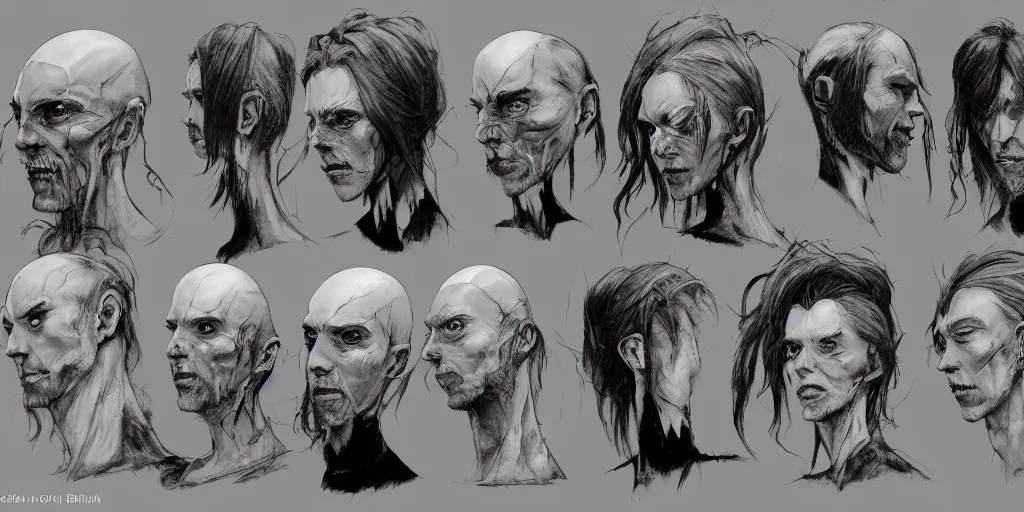 Image similar to gothic character head detail designs, Enki Bilal, Milo Manara, Greg Rutkowski, character sheet, Darek Zabrocki, Karlkka, Jayison Devadas, Phuoc Quan, trending on Artstation, 8K, ultra wide angle, pincushion lens effect