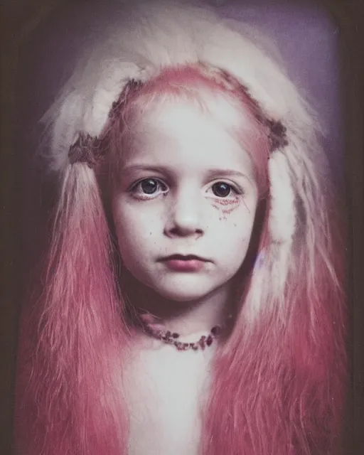 Prompt: an instant photo of a beautiful but sinister, smiling girl in layers of fear, with haunted eyes and pink hair, 1 9 7 0 s, seventies, delicate embellishments, a little blood, crimson, painterly, offset printing technique, mary jane ansell