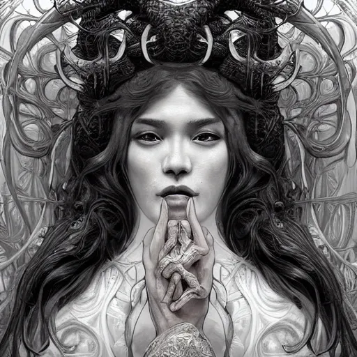 Prompt: a photograpic portrait of a anthropomorphic kraken wearing white clothes, fantasy, intricate, elegant, highly detailed, digital painting, artstation, concept art, smooth, sharp focus, illustration, art by artgerm and H R Giger and alphonse mucha