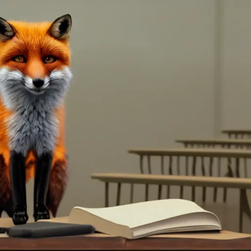 Image similar to fox as a teacher, weta hyperrealism cinematic lighting and compositon