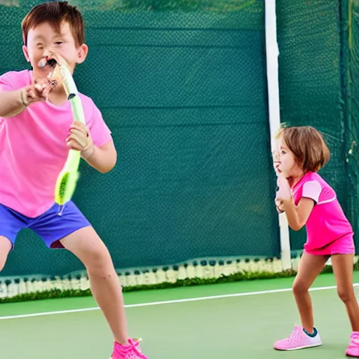 Prompt: monkey playing tennis with pink shorts and a blue shirt