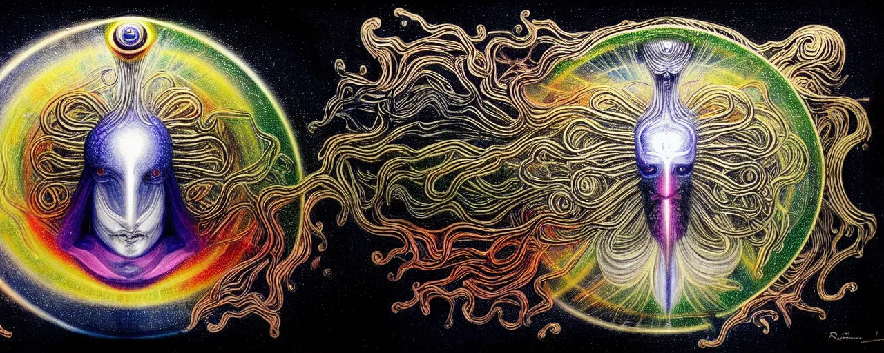 Prompt: a strange bifrost creature with endearing eyes radiates a unique canto'as above so below'while being ignited by the spirit of haeckel and robert fludd, breakthrough is iminent, glory be to the magic within, in honor of saturn, painted by ronny khalil