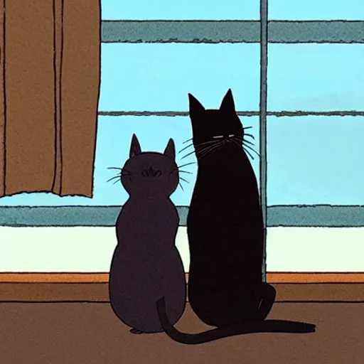 Image similar to an anthropomorphic black cat and pug dog who are in love and holding hands while looking out over a city, Miyazaki, studio ghibli