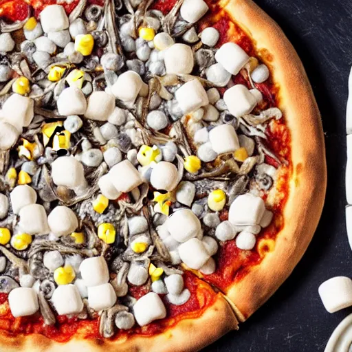 Image similar to A pizza with marshmallows, sardines, and corn as toppings