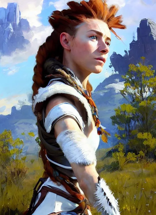 Image similar to portrait of a caucasian Aloy from Horizon Zero Dawn in white clothes, countryside, calm, fantasy character portrait, dynamic pose, above view, sunny day, clouds in the sky, artwork by Jeremy Lipkin and Giuseppe Dangelico Pino and Michael Garmash and Rob Rey and Greg Manchess, very coherent asymmetrical artwork, sharp edges, perfect face, simple form, 100mm