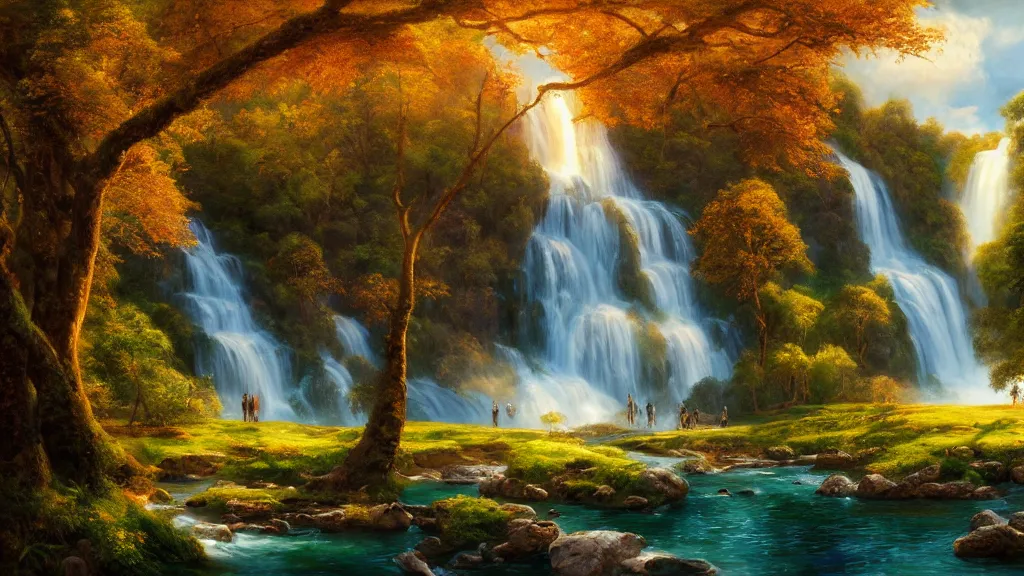 Image similar to the most beautiful panoramic landscape, oil painting, where a giant dreamy waterfall creates a river, the trees around are starting to bloom, cinematic lighting, highly detailed