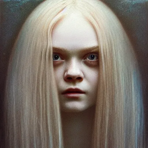 Prompt: Painting of Elle Fanning in creepy world, long blonde hair, delicate, pale milky white porcelain skin, by Beksinski. 8K. Extremely detailed.