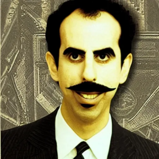 Image similar to borat running for president, vintage photograph, full image, realistic, damaged photograph