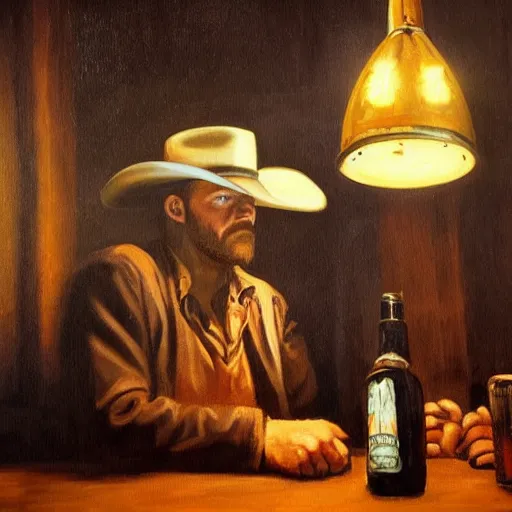 Prompt: modern stylized oil painting portrait of cowboy at table with bottle in western saloon, 1890, masterpiece, realistic and detailed, artstation, interesting artificial spotlight lightning, cinematic, dramatic