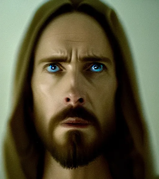 Image similar to Jesus in a white empty room, film still from the movie directed by Denis Villeneuve, wide lens, oil painting