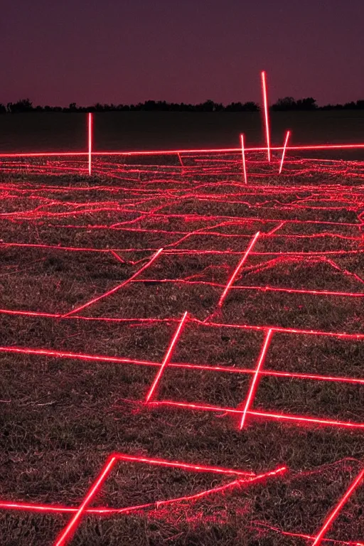 Prompt: Three giant red crosses made out of light beams in the center of a corn field