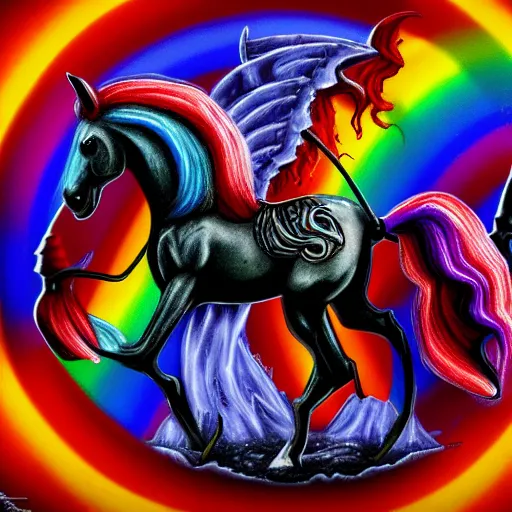 Prompt: necro pony on a rainbow of sinners, hyperrealism, detailed and intricate environment