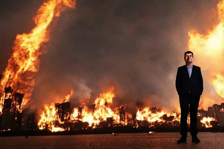 Image similar to a photo of Dan Andrews standing in front of Melbourne as it burns to the ground