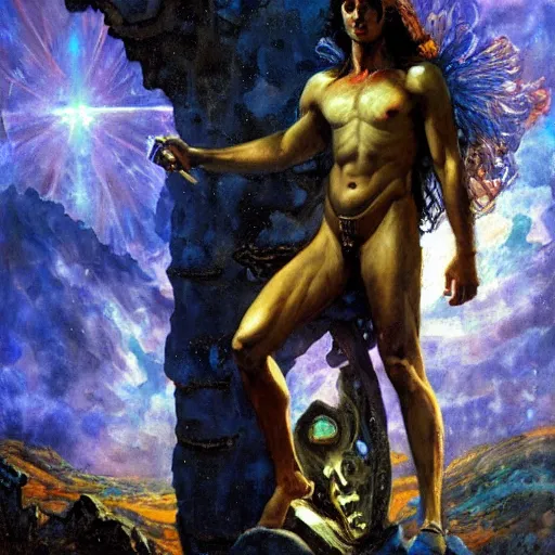 Prompt: portrait of the Nephilim Huntsman Orion wearing an enchanted starbelt jonas de ro tony sart howard pyle alexander benois mikhail vrubel acrylic artwork